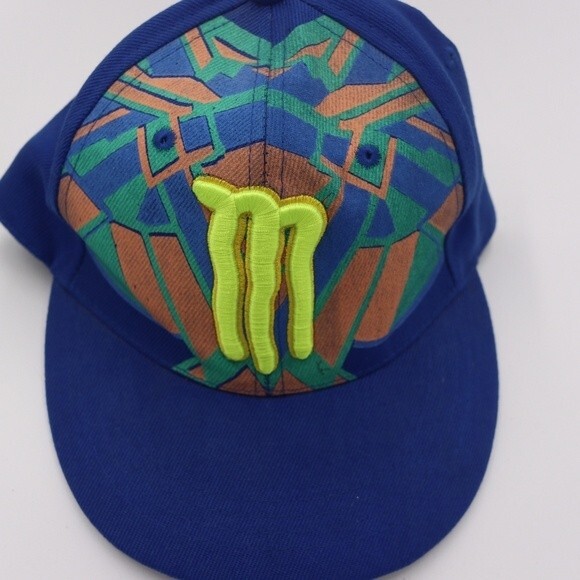 Monster Energy Vintage 90s Y2K Blue Neon Green Logo Fitted Baseball Hat 7.5 - Picture 2 of 9